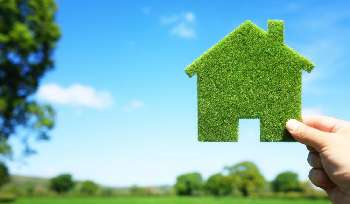 Green ecological house in empty field concept for construction and real estate